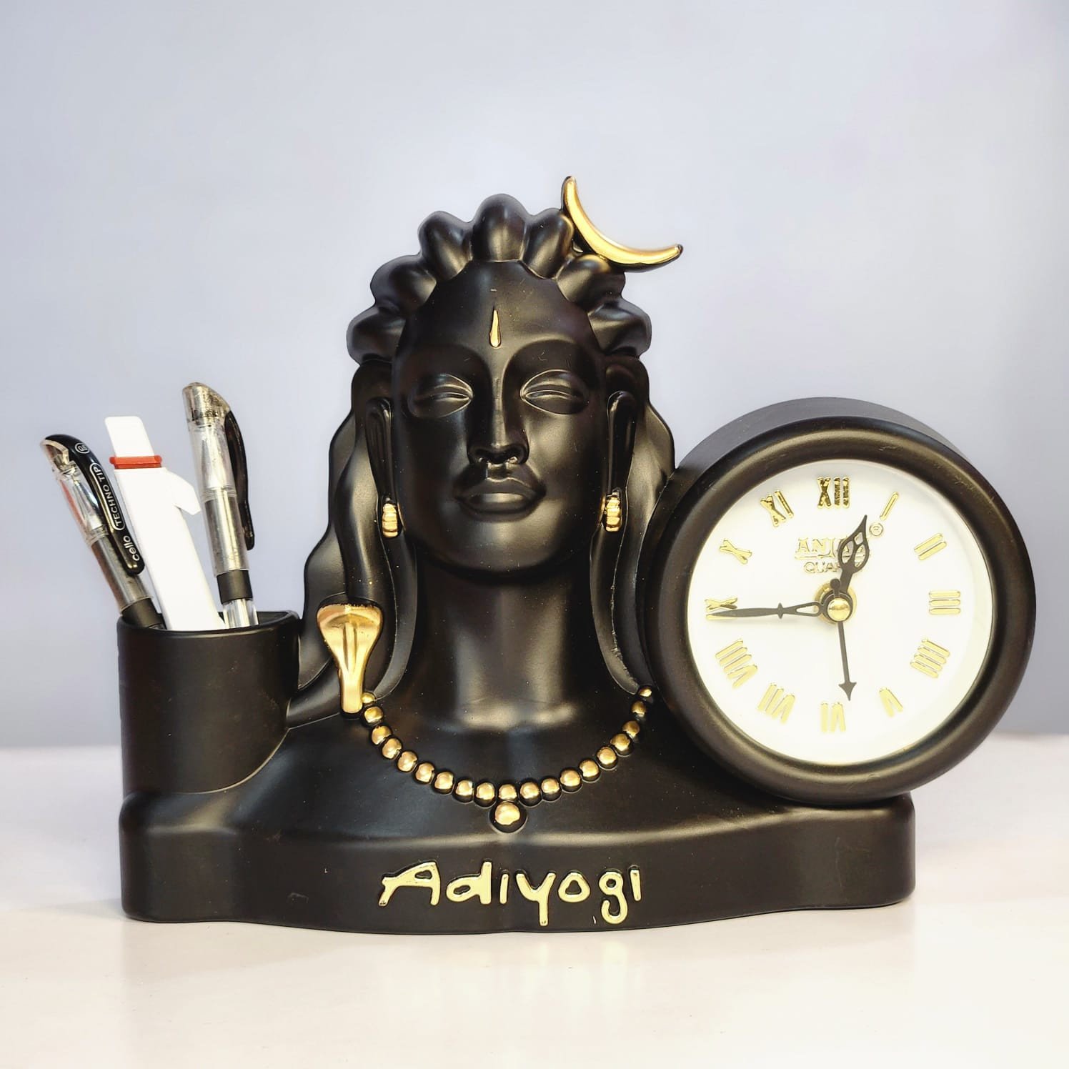 Adiyogi Siva Statue with Table top Clock with Pen Stand For Home Office Decor