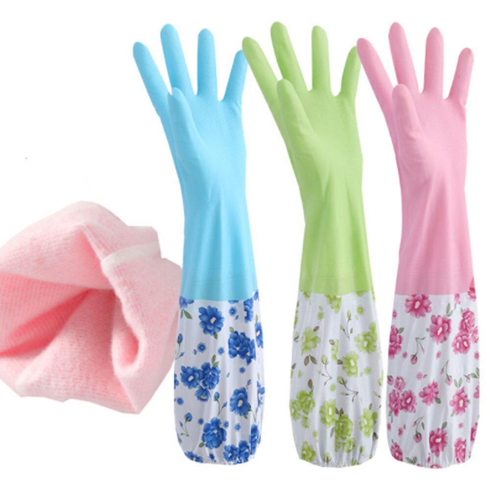 Fur Inside Kitchen Dish Washing And Cleaning Gloves With Sleeve