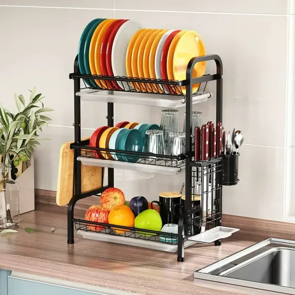 3 Layer Stainless Steel Kitchen Dish Drying Rack Organizer Shelf With Cutlery Stand
