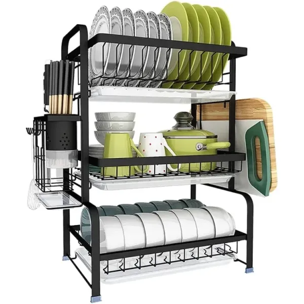 3 Layer Stainless Steel Kitchen Dish Drying Rack Organizer Shelf With Cutlery Stand