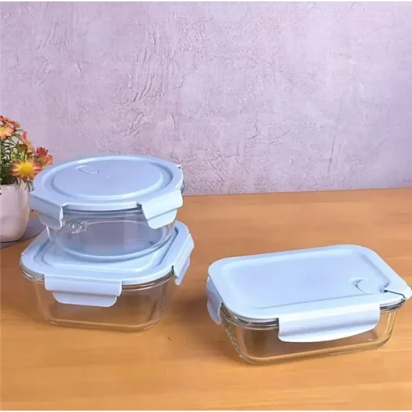 3pcs Glassware Rectangle And Circle Glass Food Storage Container With Air Vent Lid