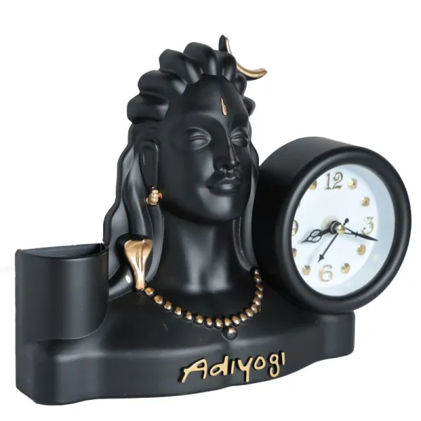 Adiyogi Siva Statue with Table top Clock with Pen Stand For Home Office Decor