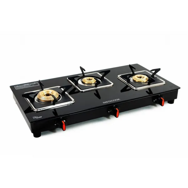 Instacook Square 3 Burner Automatic Glass Top Gas Stove.