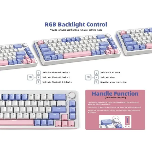SAMA SM68 Triple Mode BT5.0/2.4G/USB-C Mechanical Keyboard, 68 Keys Hot-Swappable Compact Keyboard, Rechargeable & Multifunctional RGB Backlit Ergonomic Mini Office Keyboard