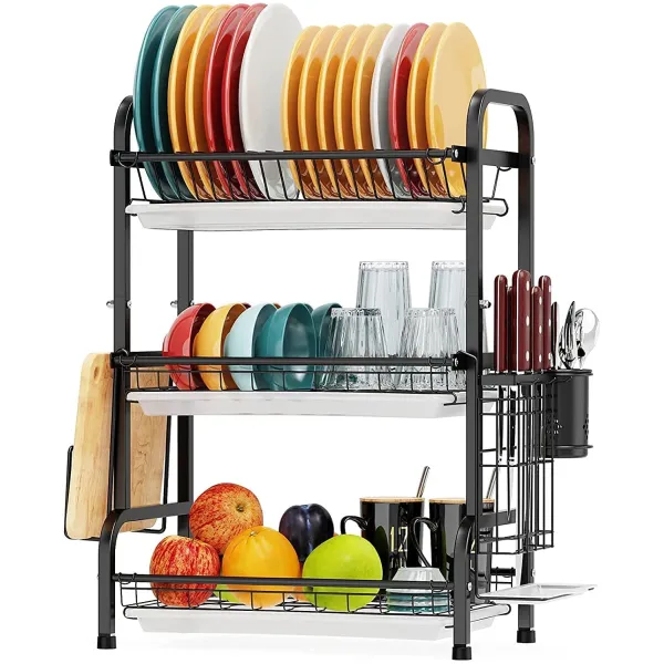 3 Layer Stainless Steel Kitchen Dish Drying Rack Organizer Shelf With Cutlery Stand
