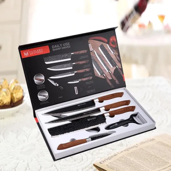Carbon Steel Kitchen Knives Set 6 PCS Chef\'s Knife Slicing Knife Butcher Knives Forged with Scissors and Ceramic Peeler