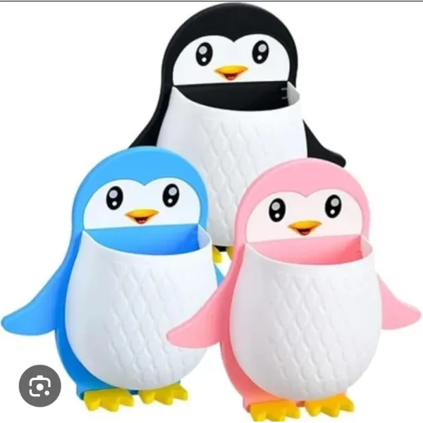 2 PCs Cute Penguin Wall Mounted Storage Holders - Multi-Purpose Self-Adhesive Organizer for Toothbrushes, Remotes, Makeup Brushes, Pens & Office Supplies