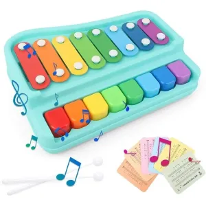 2 in 1 Piano Xylophone Educational Musical Instruments, 8 Key Scales for Clear Tones with Music Cards Songbook Multi Color