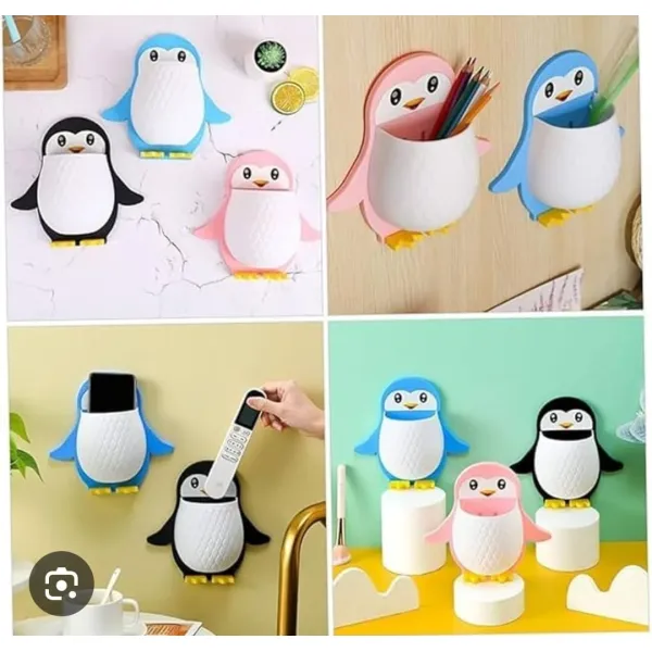 2 PCs Cute Penguin Wall Mounted Storage Holders - Multi-Purpose Self-Adhesive Organizer for Toothbrushes, Remotes, Makeup Brushes, Pens & Office Supplies