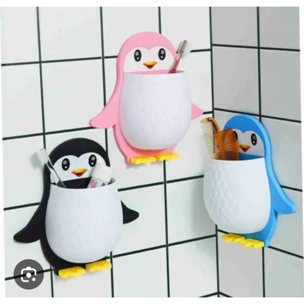2 PCs Cute Penguin Wall Mounted Storage Holders - Multi-Purpose Self-Adhesive Organizer for Toothbrushes, Remotes, Makeup Brushes, Pens & Office Supplies