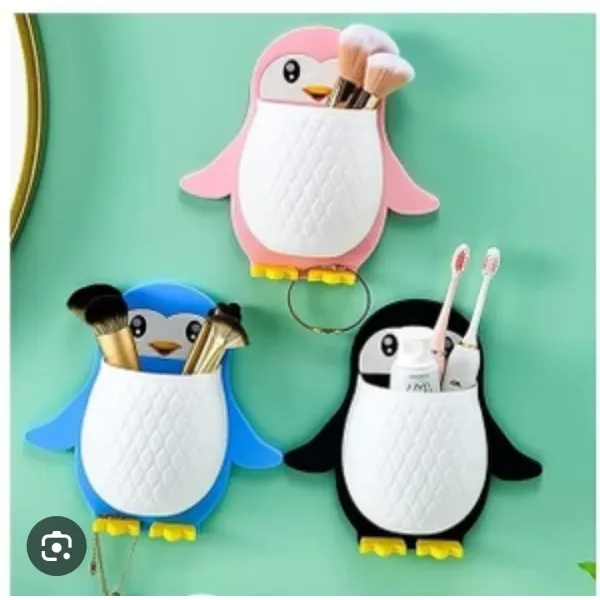 2 PCs Cute Penguin Wall Mounted Storage Holders - Multi-Purpose Self-Adhesive Organizer for Toothbrushes, Remotes, Makeup Brushes, Pens & Office Supplies
