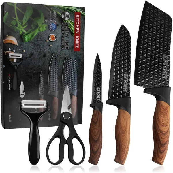 Carbon Steel Kitchen Knives Set 6 PCS Chef\'s Knife Slicing Knife Butcher Knives Forged with Scissors and Ceramic Peeler