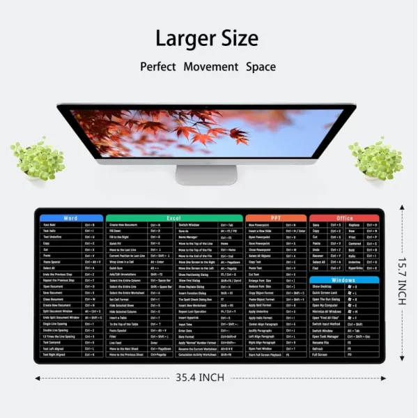 Anti-Slip Desk Mat with Productivity Shortcut Keys | Large Non-Slip Keyboard & Mouse Pad for Enhanced Workflow