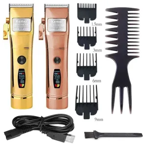 The KEMEI KM-2850PG Hair Trimmer is a rechargeable, wireless hair clipper designed for fading and mixing, with a tapered handle