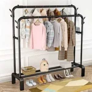 Double Railing and Shelves Heavy Duty Full Body Iron Coat Rack With Hooks/ Double Pole Clothe Hanger Stand With Shoe Rack