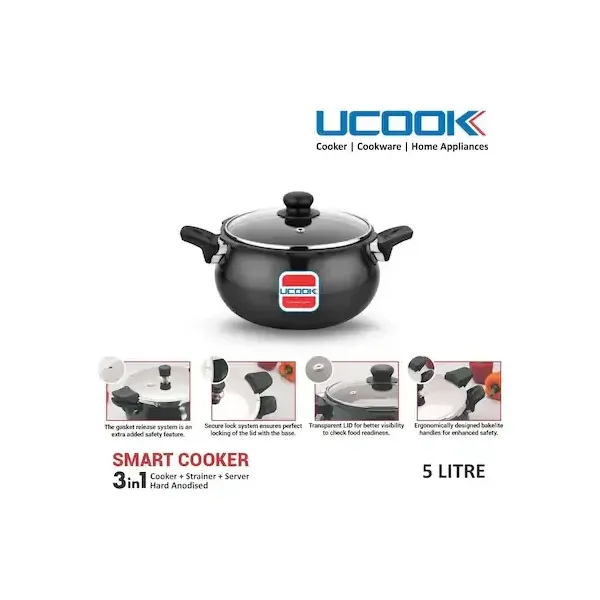 UNITED 3 In 1 HAIB Smart Cooker - 5 Ltrs Hard Anodised Induction Based ( Cooker + Strainer + Server )