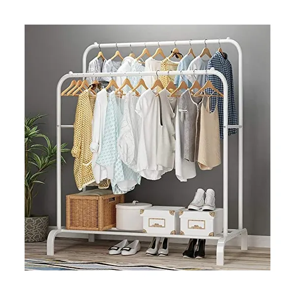 Double Railing and Shelves Heavy Duty Full Body Iron Coat Rack With Hooks/ Double Pole Clothe Hanger Stand With Shoe Rack
