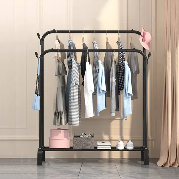 Double Railing and Shelves Heavy Duty Full Body Iron Coat Rack With Hooks/ Double Pole Clothe Hanger Stand With Shoe Rack