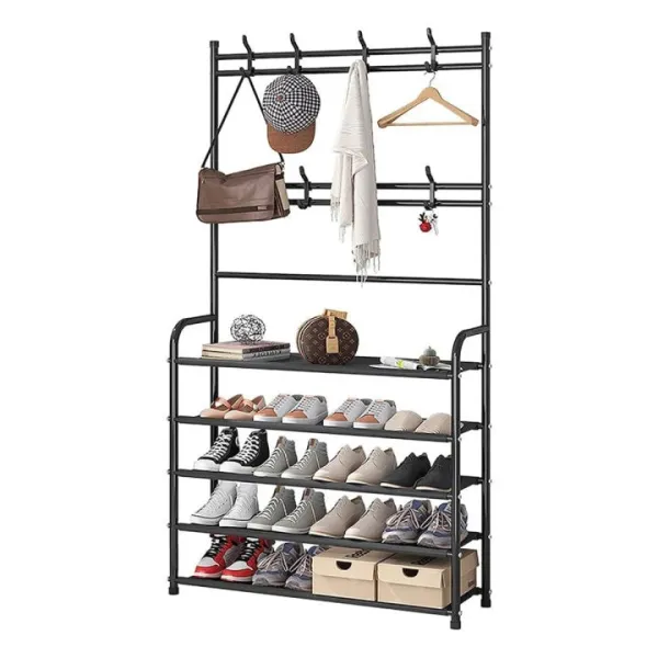 Black Metal Hall Tree with Shoe Rack & Coat Hooks - Entryway Organizer for Shoes, Coats, Hats & Bags