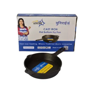 UNIRIZE Cast Iron Flat Bottom Fry Pan - Pre-Seasoned, Induction & Gas Compatible, Lifetime Warranty (Made in India)