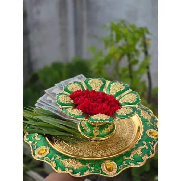 Traditional Silver-Coated Tika Thali Set for Dashain & Tihar - Puja Plate