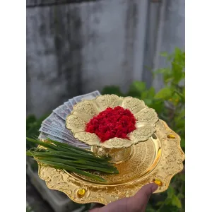 Traditional Silver-Coated Tika Thali Set for Dashain & Tihar - Puja Plate