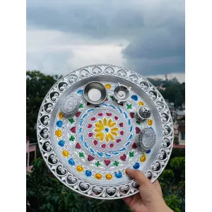 Silver Coated Aarti Thali Set For Pooja