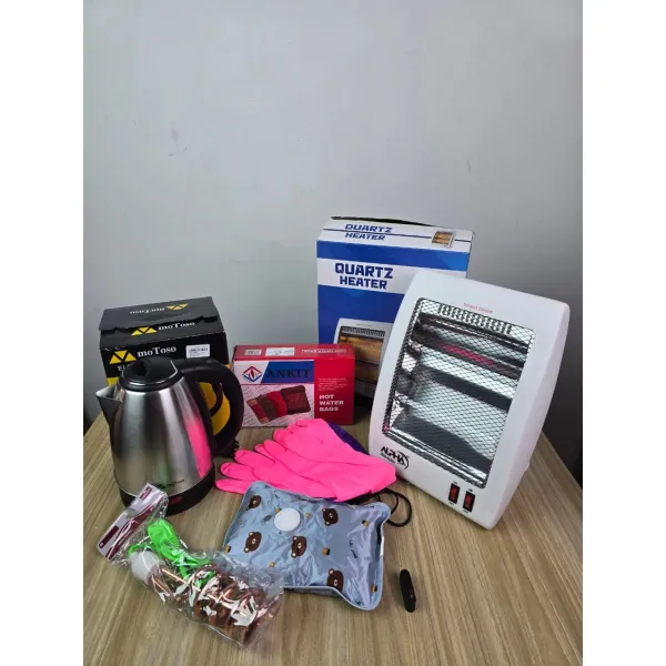 5-in-1 Winter Essential Combo: Quartz Heater, Electric Kettle, Immersion Rod, Hot Water Bag, and Gloves