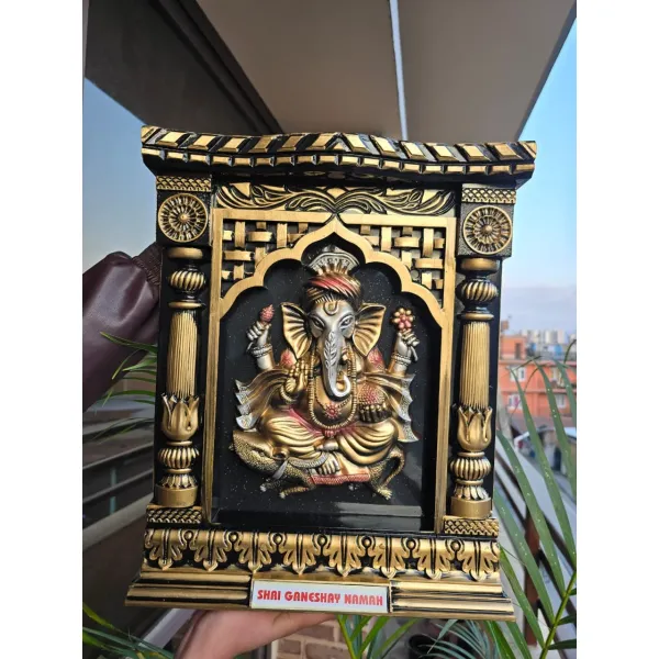 Elegant Black and Gold Ganesha Idol Wall Hanging Frame