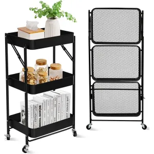 SKY-TOUCH 3-Tier Foldable Metal Rolling Utility Cart Organizer