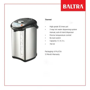 BALTRA Water Airpot | Thermal | 4 ltr | 750 Watt | High grade SS inner pot | 3 way hot water dispensing system manual, auto & hand dispenser | Precise temperature control | Re-boil switch | 12 months