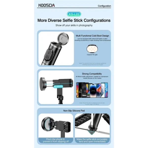 KOOSDA KS-L22 Auto Pop Open Tripod Selfie Stick