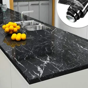 Oil-Proof Self-Adhesive Kitchen Marble Sticker - 3M x 61cm, PVC + Aluminum + Polyvinyl Material, Black and White Design