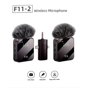 F11-2 3 in 1 Wireless Microphone, Noise Cancellation Wireless Mic for Youtubers, Video Recording, Facebook, Compatible with Type-C Android/iPhone/Cameras/Laptop (Dual 2X Transmitter)