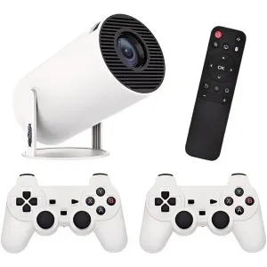 Portable Smart Mini Projector HY300 with Dual Wireless Game Controllers – 180° Rotating Home Theater System