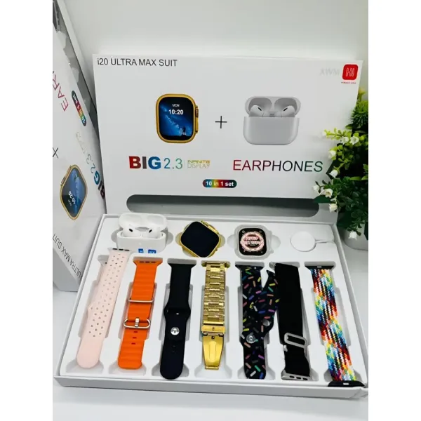 i20 Ultra 2 , 3 MAX Suit SmartWatch + Airpods Pro with Seven Decorated Straps