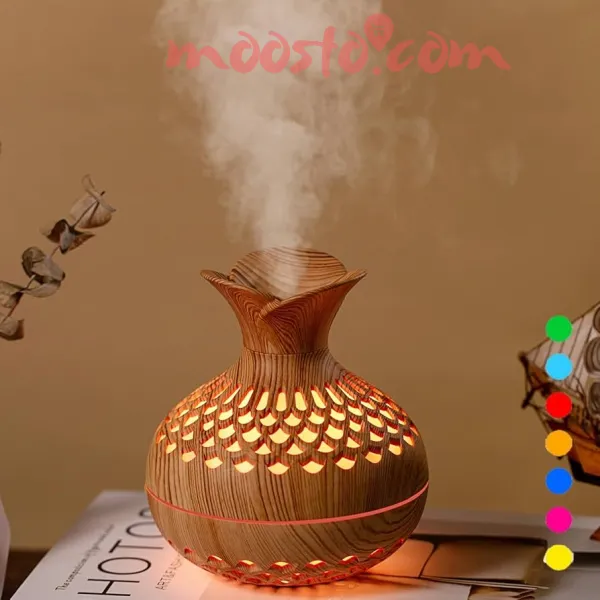 300ML Wood Grain Flower Humidifier Silent Aromatherapy Diffuser USB Rechargeable Mini Air Humidifier with Colorful Night Light