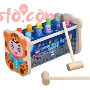 MontyMaestro - Wooden Tiger Beats The Hamster Toy Activity Toy for Kids_ Montessori Toy Hammering Toy Pounding Bench Hammer Toy Tiger Beats The Hamster Set 10 Pegs 2 Hammers (Hamster Bench)