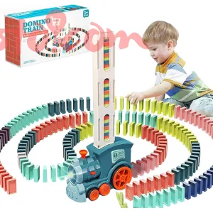 Kids Electric Domino Train Set with Brick Blocks Building Stacking Game with Light & Sound for Children (3-12y)