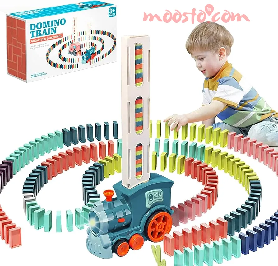 Kids Electric Domino Train Set with Brick Blocks Building Stacking Game with Light & Sound for Children (3-12y)