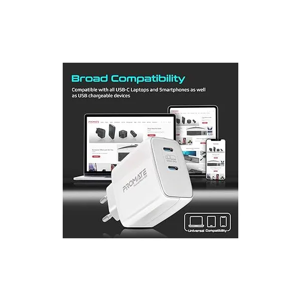 PROMATE Bi-Plug-2 20W PD Dual Port Wall Charger 