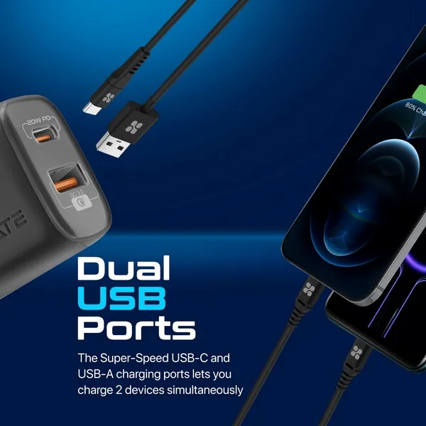 PROMATE Bi-Plug-2 20W PD Dual Port Wall Charger 