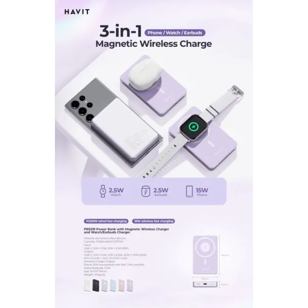 Havit PB5219 10,000mAh Ultra-Slim 3-in-1 Magnetic Wireless Power Bank with 20W PD Fast Charging 