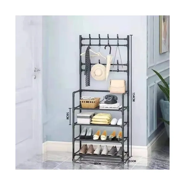 2-in-1 Coat & Shoe Rack – 4 Layer Clothes and Shoe Organizer (Black/White)