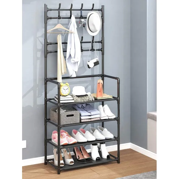 2-in-1 Coat & Shoe Rack – 4 Layer Clothes and Shoe Organizer (Black/White)