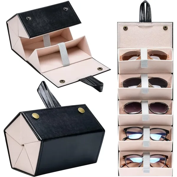 5 in 1 Foldable Sunglasses Organizer Box – Premium Black & Brown 5 Slot Glasses Storage Case 