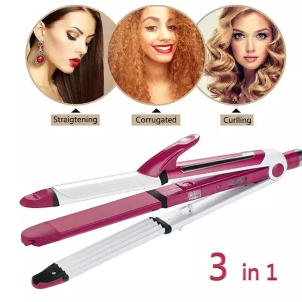 Kemei Pink/White 3 In 1 Professional Cum Curler And Crimper Hair Straightener - KM-1291