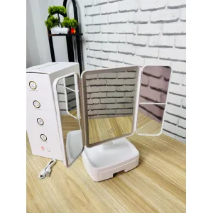 Rechargeable Tri-Fold LED Makeup Mirror with 3 Color Lighting Modes & Storage Base