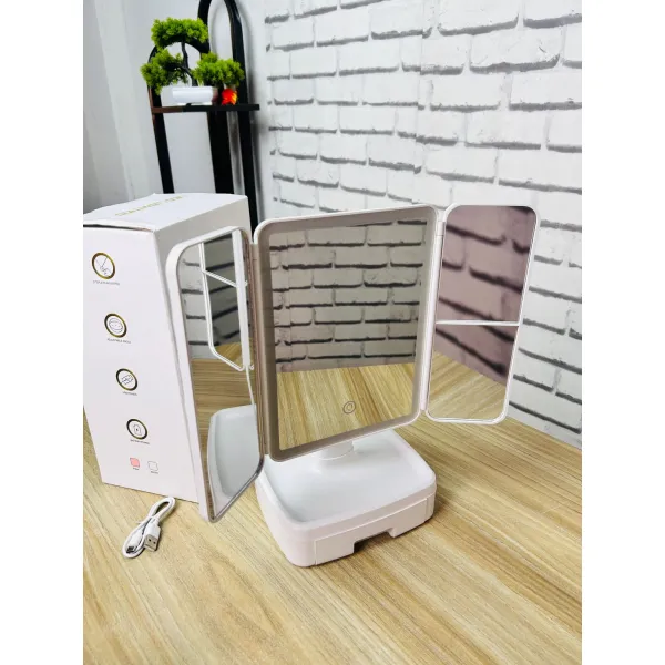 Rechargeable Tri-Fold LED Makeup Mirror with 3 Color Lighting Modes & Storage Base