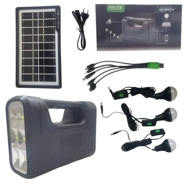 GDLITE GD-8017A Solar Lighting System – Portable Emergency Power Kit with 3 LED Bulbs & Phone Charging